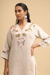 Naintara Bajaj Beige Linen Embroidery V-neck Floral Kurta And Pant Set at Aza Fashions Naintara Bajaj_Beige Linen Embroidery V-neck Floral Kurta And Pant Set _at_Aza_Fashions