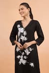 Naintara Bajaj_Black Linen Embroidery, Lace V-neck Floral Kurta And Pant Set _at_Aza_Fashions