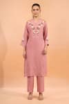 Shop_Naintara Bajaj_Pink Linen Embroidery V-neck Floral Kurta And Pant Set _at_Aza_Fashions