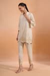 Naintara Bajaj Beige Linen Embroidery Split V-neck, Mandarin Collar Kurta And Pant Set Online at Aza Fashions Naintara Bajaj_Beige Linen Embroidery Split V-neck, Mandarin Collar Kurta And Pant Set _Online_at_Aza_Fashions