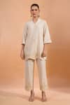 Buy Naintara Bajaj Beige Linen Embroidery Split V-neck, Mandarin Collar Kurta And Pant Set Online at Aza Fashions Buy_Naintara Bajaj_Beige Linen Embroidery Split V-neck, Mandarin Collar Kurta And Pant Set _Online_at_Aza_Fashions