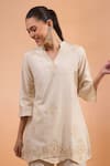 Shop Naintara Bajaj Beige Linen Embroidery Split V-neck, Mandarin Collar Kurta And Pant Set Online at Aza Fashions Shop_Naintara Bajaj_Beige Linen Embroidery Split V-neck, Mandarin Collar Kurta And Pant Set _Online_at_Aza_Fashions