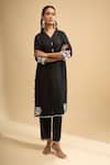 Naintara Bajaj_Black Linen Embroidery Split V-neck Scallop Kurta And Pant Set _Online_at_Aza_Fashions