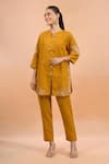 Buy_Naintara Bajaj_Mustard Linen Embroidery Split V-neck Kurta And Pant Set _at_Aza_Fashions