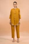 Buy_Naintara Bajaj_Mustard Linen Embroidery Split V-neck Kurta And Pant Set _Online_at_Aza_Fashions