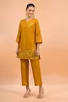 Buy_Naintara Bajaj_Mustard Linen Embroidery Split V-neck Kurta And Pant Set _at_Aza_Fashions