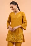 Shop_Naintara Bajaj_Mustard Linen Embroidery Split V-neck Kurta And Pant Set _Online_at_Aza_Fashions