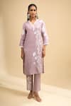 Naintara Bajaj_Pink Linen Embroidery, Lace V-neck Kurta And Pant Set _Online_at_Aza_Fashions