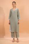 Buy_Naintara Bajaj_Gray Linen Embroidery, Lace V-neck Kurta And Pant Set _Online_at_Aza_Fashions