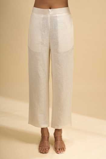 Buy_Khwaab By Sanjana Lakhani_Cream Linen Embroidery V-neck Floral Kurta And Pant Set _Online_at_Aza_Fashions