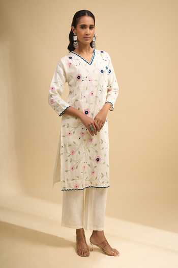 Shop_Khwaab By Sanjana Lakhani_Cream Linen Embroidery V-neck Floral Kurta And Pant Set _Online_at_Aza_Fashions