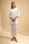 Buy_Naintara Bajaj_Off White Linen Embroidery Split V-neck Kurta And Pant Set _at_Aza_Fashions