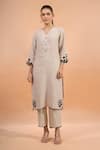 Naintara Bajaj Beige Linen Embroidery V-neck Kurta And Pant Set Online at Aza Fashions Naintara Bajaj_Beige Linen Embroidery V-neck Kurta And Pant Set _Online_at_Aza_Fashions