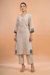 Buy Naintara Bajaj Beige Linen Embroidery V-neck Kurta And Pant Set at Aza Fashions Buy_Naintara Bajaj_Beige Linen Embroidery V-neck Kurta And Pant Set _at_Aza_Fashions
