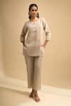 Buy Naintara Bajaj Beige Linen Embroidery, Sequins Split V-neck Kurta And Pant Set at Aza Fashions Buy_Naintara Bajaj_Beige Linen Embroidery, Sequins Split V-neck Kurta And Pant Set _at_Aza_Fashions
