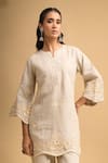 Naintara Bajaj Beige Linen Embroidery Split V-neck Kurta And Pant Set Online at Aza Fashions Naintara Bajaj_Beige Linen Embroidery Split V-neck Kurta And Pant Set _Online_at_Aza_Fashions