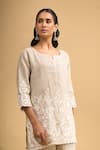 Naintara Bajaj_Beige Linen Embroidery, Lace Split V-neck Kurta And Pant Set _Online_at_Aza_Fashions