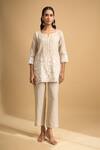 Buy_Naintara Bajaj_Beige Linen Embroidery, Lace Split V-neck Kurta And Pant Set _Online_at_Aza_Fashions