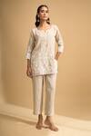 Buy_Naintara Bajaj_Beige Linen Embroidery, Lace Split V-neck Kurta And Pant Set _at_Aza_Fashions