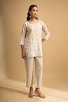 Naintara Bajaj_Beige Linen Embroidery, Lace Split V-neck Kurta And Pant Set _at_Aza_Fashions