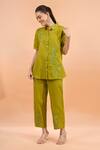 Naintara Bajaj Green Cotton, Linen Embroidery Collared, Button-down Floral Kurta And Pant Set Online at Aza Fashions Naintara Bajaj_Green Cotton, Linen Embroidery Collared, Button-down Floral Kurta And Pant Set _Online_at_Aza_Fashions