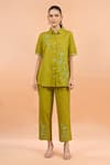 Shop Naintara Bajaj Green Cotton, Linen Embroidery Collared, Button-down Floral Kurta And Pant Set Online at Aza Fashions Shop_Naintara Bajaj_Green Cotton, Linen Embroidery Collared, Button-down Floral Kurta And Pant Set _Online_at_Aza_Fashions