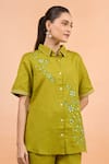 Naintara Bajaj Green Cotton, Linen Embroidery Collared, Button-down Floral Kurta And Pant Set at Aza Fashions Naintara Bajaj_Green Cotton, Linen Embroidery Collared, Button-down Floral Kurta And Pant Set _at_Aza_Fashions