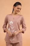 Shop Naintara Bajaj Pink Cotton, Linen Embroidery Split V-neck Kurta And Pant Set Online at Aza Fashions Shop_Naintara Bajaj_Pink Cotton, Linen Embroidery Split V-neck Kurta And Pant Set _Online_at_Aza_Fashions