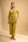Buy_Naintara Bajaj_Green Cotton, Linen Embroidery V-neck Scallop Kurta And Pant Set _at_Aza_Fashions