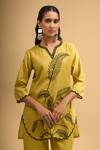 Shop_Naintara Bajaj_Green Cotton, Linen Embroidery V-neck Scallop Kurta And Pant Set _Online_at_Aza_Fashions