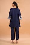 Shop_Naintara Bajaj_Navy Cotton, Linen Embroidery Split V-neck Floral Kurta And Pant Set _at_Aza_Fashions