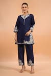 Buy_Naintara Bajaj_Navy Cotton, Linen Embroidery Split V-neck Floral Kurta And Pant Set _at_Aza_Fashions