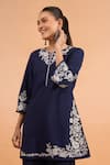 Naintara Bajaj_Navy Cotton, Linen Embroidery Split V-neck Floral Kurta And Pant Set _at_Aza_Fashions