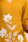 Naintara Bajaj_Mustard Cotton, Linen Embroidery Split V-neck Kurta And Pant Set _Online_at_Aza_Fashions