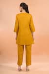 Shop_Naintara Bajaj_Mustard Cotton, Linen Embroidery Split V-neck Kurta And Pant Set _at_Aza_Fashions