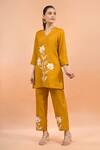Buy_Naintara Bajaj_Mustard Cotton, Linen Embroidery Split V-neck Kurta And Pant Set _at_Aza_Fashions