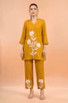 Shop_Naintara Bajaj_Mustard Cotton, Linen Embroidery Split V-neck Kurta And Pant Set _Online_at_Aza_Fashions