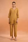 Buy Naintara Bajaj Beige Cotton, Linen Embroidery Split V-neck Kurta And Pant Set Online at Aza Fashions Buy_Naintara Bajaj_Beige Cotton, Linen Embroidery Split V-neck Kurta And Pant Set _Online_at_Aza_Fashions