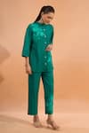 Shop Naintara Bajaj Green Cotton, Linen Embroidery Mandarin Collar Kurta And Pant Set Online at Aza Fashions Shop_Naintara Bajaj_Green Cotton, Linen Embroidery Mandarin Collar Kurta And Pant Set _Online_at_Aza_Fashions