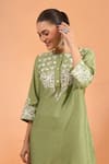 Shop Naintara Bajaj Green Embroidery, Metallic Thread Round Neck Kurta Online at Aza Fashions Shop_Naintara Bajaj_Green Embroidery, Metallic Thread Round Neck Kurta _Online_at_Aza_Fashions