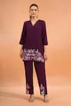 Buy_Naintara Bajaj_Wine Silk Embroidery V-neck Floral Kurta And Pant Set _at_Aza_Fashions