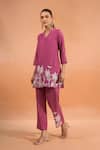 Buy_Naintara Bajaj_Pink Silk Embroidery V-neck Palm Tree Kurta And Pant Set _at_Aza_Fashions