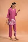 Naintara Bajaj_Pink Silk Embroidery V-neck Palm Tree Kurta And Pant Set _Online_at_Aza_Fashions
