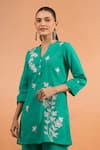 Naintara Bajaj_Green Cotton, Linen Embroidery Split V-neck Kurta And Pant Set _Online_at_Aza_Fashions