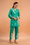 Buy_Naintara Bajaj_Green Cotton, Linen Embroidery Split V-neck Kurta And Pant Set _Online_at_Aza_Fashions