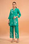 Buy_Naintara Bajaj_Green Cotton, Linen Embroidery Split V-neck Kurta And Pant Set _at_Aza_Fashions