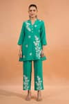Shop_Naintara Bajaj_Green Cotton, Linen Embroidery Split V-neck Kurta And Pant Set _Online_at_Aza_Fashions