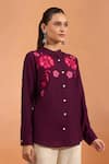 Naintara Bajaj_Wine Embroidery Mandarin Collar Floral Full Sleeve Kurta _Online_at_Aza_Fashions