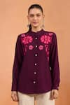 Shop_Naintara Bajaj_Wine Embroidery Mandarin Collar Floral Full Sleeve Kurta _Online_at_Aza_Fashions