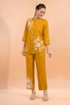 Buy_Naintara Bajaj_Mustard Cotton, Linen Embroidery Mandarin Collar Kurta And Pant Set _at_Aza_Fashions